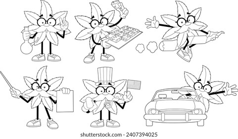 Caracteres de caricatura divertidos de la hoja de marihuana. Conjunto De Colección De Dibujo De Mano De Vector Aislado En Fondo Transparente