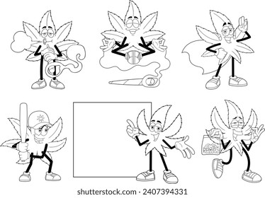 Caracteres de caricatura divertidos de la hoja de marihuana. Conjunto De Colección De Dibujo De Mano De Vector Aislado En Fondo Transparente