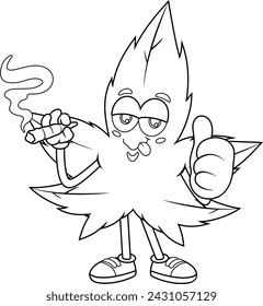 Personaje De Dibujos Animados De Hojas De Marihuana Esbozado Fumando Una Articulación Y Dando Los Pulgares Hacia Arriba. Ilustración dibujada a mano del vector aislada en fondo transparente