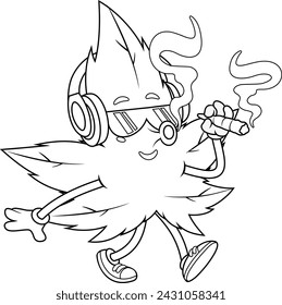 Personaje De Dibujos Animados De Hojas De Marihuana Con Auriculares Caminando Y Fumando Una Articulación. Ilustración dibujada a mano del vector aislada en fondo transparente