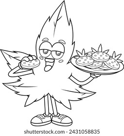 Personaje de dibujos animados de hoja de marihuana que muestra las mejores galletas de cannabis. Ilustración dibujada a mano del vector aislada en fondo transparente