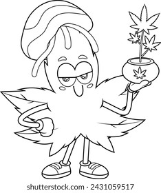 Outlined Funny Marijuana Leaf Cartoon Character With Jamaican Rasta Hat Holding Cannabis Plant In Pot. Vector Hand Drawn Illustration Isolated On Transparent Background