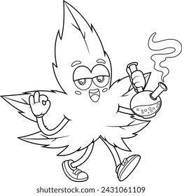 Outlined Funny Marijuana Leaf Cartoon Character Walking And Smoking A Bong. Vector Hand Drawn Illustration Isolated On Transparent Background