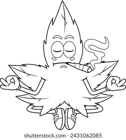 Outlined Funny Marijuana Leaf Cartoon Character Smoking A Joint And Meditates. Vector Hand Drawn Illustration Isolated On Transparent Background