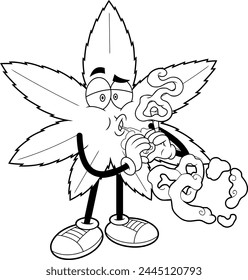 Konturierte lustige Marihuana Blatt Cartoon Figur raucht einen Joint. Vektorgrafik Handgezeichnete Illustration auf durchsichtigem Hintergrund