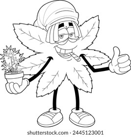 Outlined Funny Marijuana Leaf Cartoon Character With A Joint  Holding Cannabis Plant In Pot. Vector Hand Drawn Illustration Isolated On Transparent Background