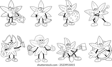 Personajes divertidos de dibujos animados de hojas de marihuana. Conjunto de Colección dibujado a mano de Vector aislado sobre fondo transparente