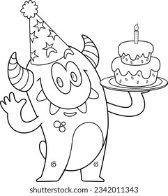 Outlined Funny Monster Cartoon Character Wearing A Party Hat And Holding A Birthday Cake. Vector Hand Drawn Illustration Isolated On Transparent Background