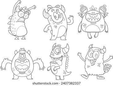 Outlined Funny Monsters Cartoon Characters. Vector Hand Drawn Collection Set Isolated On Transparent Background