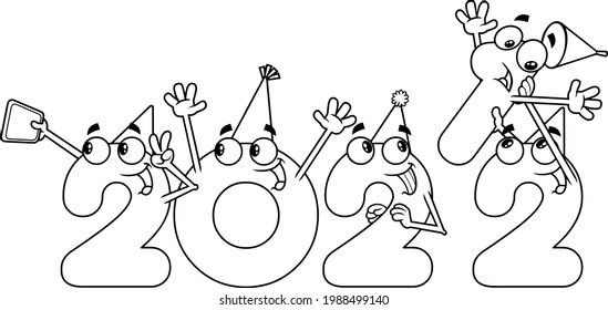 Outlined Funny New Year Numbers 2022 Cartoon Characters. Vector Hand Drawn Illustration Isolated On Transparent Background