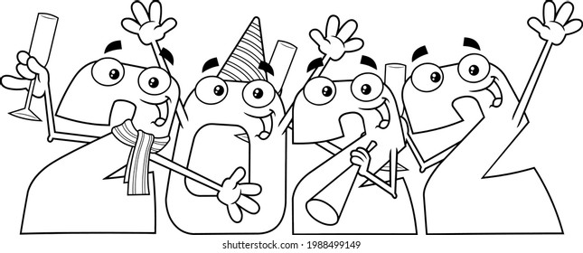 Outlined Funny New Year Numbers 2022 Cartoon Characters. Vector Hand Drawn Illustration Isolated On Transparent Background