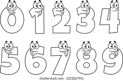 Outlined Funny Number Cartoon Characters Different Poses. Vector Hand Drawn Collection Set Isolated On Transparent Background