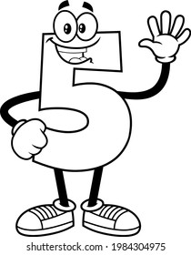 Outlined Funny Number Five 5 Cartoon Character Showing Hand Number Five. Vector Hand Drawn Illustration Isolated On Transparent Background