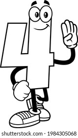 Outlined Funny Number Four 4 Cartoon Character Showing Hand Number Four. Vector Hand Drawn Illustration Isolated On Transparent Background