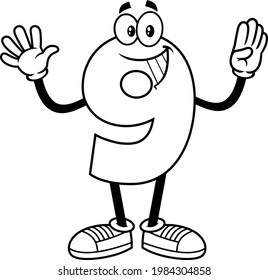 Outlined Funny Number Nine 9 Cartoon Character Showing Hands Number Nine. Vector Hand Drawn Illustration Isolated On Transparent Background