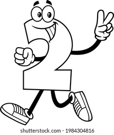 Outlined Funny Number Two 2 Cartoon Character Showing Hand Number Two. Vector Hand Drawn Illustration Isolated On Transparent Background