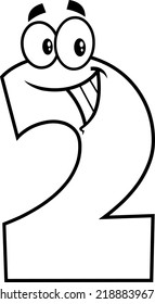Outlined Funny Number Two 2 Cartoon Character. Vector Hand Drawn Illustration Isolated On White Background
