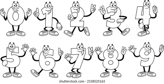 Outlined Funny Numbers Cartoon Characters. Vector Collection Set Isolated On White Background