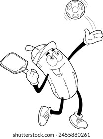 Outlined Funny Pickle Cartoon Character Playing Pickleball. Vector Hand Drawn Illustration Isolated On Transparent Background