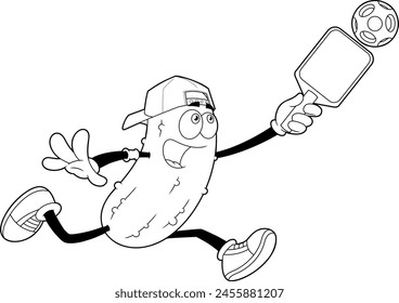 Outlined Funny Pickle Cartoon Character Playing Pickleball. Vector Hand Drawn Illustration Isolated On Transparent Background