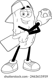 Outlined Funny Pickle Cartoon Character With Pickleball Ball And Paddle Racket. Vector Hand Drawn Illustration Isolated On Transparent Background