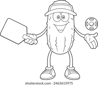 Personaje de dibujos animados de pepinillo divertido esquematizado que juega al deporte de pickleball. Vector Dibujado A Mano Ilustración Aislado Sobre Fondo Transparente