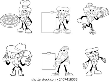 Outlined Funny Pizza Slice Cartoon Characters. Vector Hand Drawn Collection Set Isolated On Transparent Background