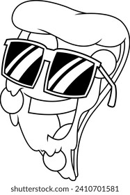Outlined Funny Pizza Slice Cartoon Character With Sunglasses. Vector Hand Drawn Illustration Isolated On Transparent Background