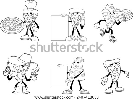 Outlined Funny Pizza Slice Cartoon Characters. Vector Hand Drawn Collection Set Isolated On Transparent Background