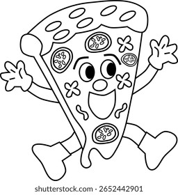 Outlined Funny Pizza Slice Retro Cartoon Character Waving