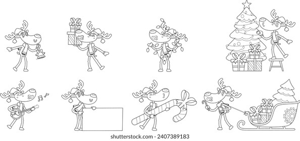 Outlined Funny Reindeer Cartoon Character In Different Poses. Vector Hand Drawn Collection Set Isolated On Transparent Background