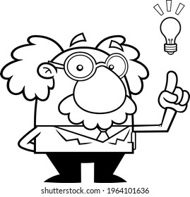 Outlined Funny Science Professor Cartoon Character With A Bright Idea. Vector Hand Drawn Illustration Isolated On Transparent Background