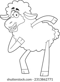 Outlined Funny Sheep Cartoon Character Dancing. Vector Hand Drawn Illustration Isolated On Transparent Background