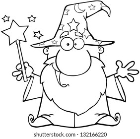 Outlined Funny Wizard Waving With Magic Wand