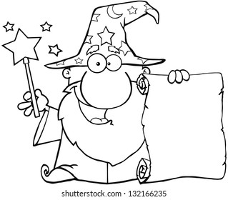 Outlined Funny Wizard Waving With Magic Wand And Holding Up A Scroll