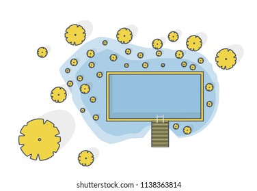 Outlined garden project at bathing pond. Oasis of calm in garden of house. Swim pond with plants and rectangular swimming area. Natural garden swimming pond. Architectural vector illustration of water