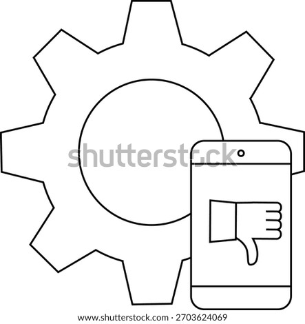 Outlined gear icon next to a smartphone showing a thumbsdown symbol