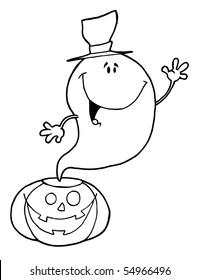 Outlined Ghost Over Pumpkin