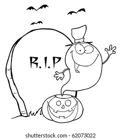 Outlined Ghost Waving From Pumpkin Near Tombstone And Bats