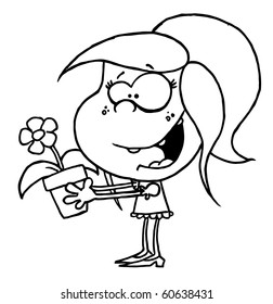Outlined Girl Carrying A Potted Flower