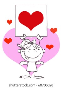 Outlined Girl Stick Cupid Holding A Red Heart Sign