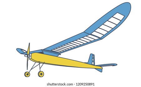 Outlined glider, beautiful subtle airplane model. Balsa wood wings, hobby model, ground plan. Master vector illustration