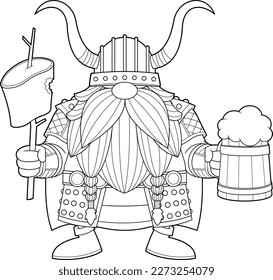 Outlined Gnome Viking Warrior Cartoon Character Holding Meat On A Stick And A Mug Of Beer. Vector Hand Drawn Illustration Isolated On Transparent Background