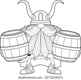 Personaje De Caricatura De Guerrero Esbozado Lleva Dos Barriles De Cerveza De Madera. Ilustración dibujada a mano vectorial aislada en fondo transparente