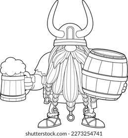 Outlined Gnome Viking Warrior Cartoon Character Holding Mug of Beer And Wooden Barrel. Vector Hand Drawn Illustration Isolated On Transparent Background