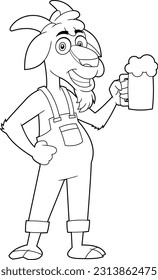 Outlined Goat Farmer Cartoon Character Holding A Glass Of Beer. Vector Hand Drawn Illustration Isolated On Transparent Background