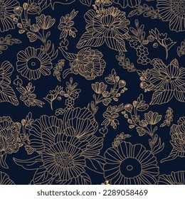 Outlined gold floral repeat pattern blue background