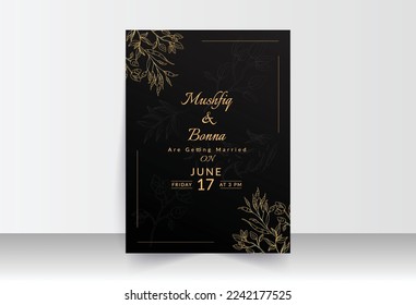 Outlined golden flower leaves and black background weeding card