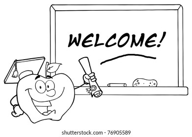 Outlined Graduate Apple Holding A Diploma In Front Of School Chalk Board