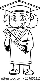 Outlined Graduate Girl Cartoon Character Holding A Diploma Certificate. Vector Hand Drawn Illustration Isolated On Transparent Background